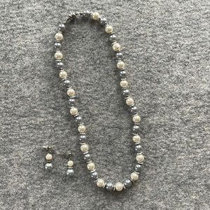 Gunmetal and white pearl necklace with matching earrings sterling silver